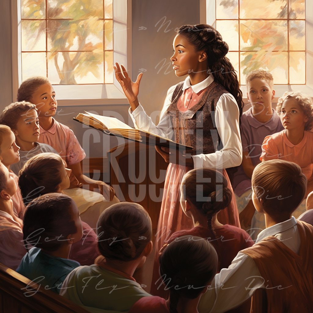 "Sunday School" — Series / Version #1 | cartoon portrait image of a young black lady leading a Sunday school classroom of children at a Christian church or private school  | faith-based NFT, graphic wallpaper kit for iPhone 15 Pro Max, iPad Pro, MacBook Pro 16 inch desktop, square 1:1 aspect ratio, video thumbnail, social media header banner | Digital Assets on Crucifly by Real Dyl and Pastor Bot | Generated by AI (artificial intelligence) with Adobe Photoshop, Discord, Midjourney, ChatGPT, and Shopify