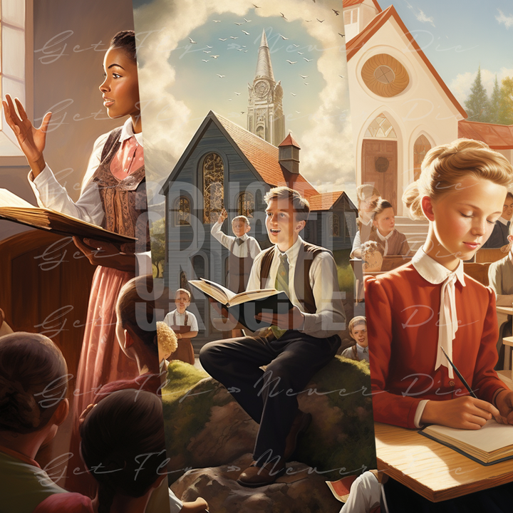 "Sunday School" — Series / 3-Pack Bundled Kit | cartoon portrait images of kids in Sunday School, listening and taking notes in a classroom of a Christian church, school, or daycare | faith-based graphic wallpaper kit for iPhone 15 Pro Max, iPad Pro, MacBook Pro 16 inch desktop, square 1:1 aspect ratio, video thumbnail, social media header banner | Digital Assets on Crucifly by Real Dyl and Pastor Bot | Generated by AI (artificial intelligence) with Adobe Photoshop, Discord, Midjourney, ChatGPT, and Shopify