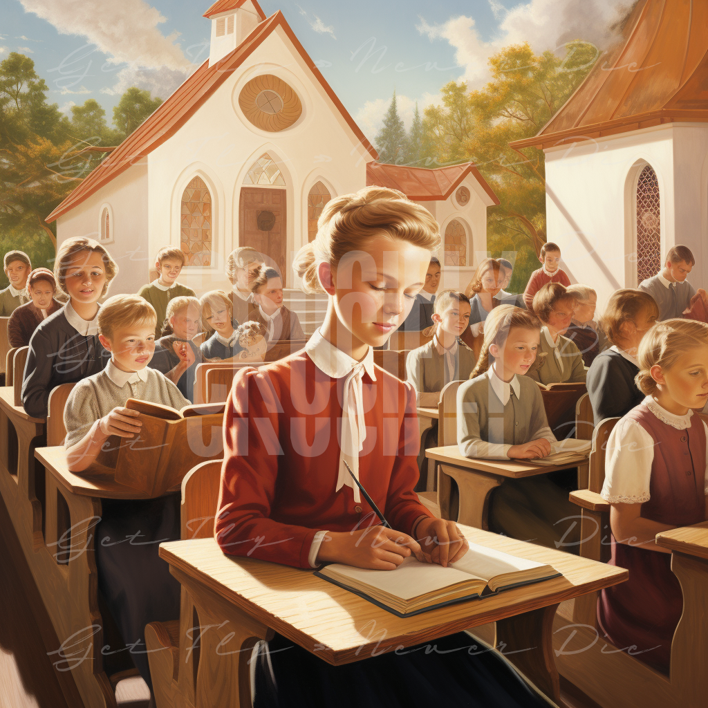 "Sunday School" — Series / Version #3 | portrait image of a young white caucasian schoolgirl taking notes in an outside classroom of a Christian church or private school  | faith-based NFT, graphic wallpaper kit for iPhone 15 Pro Max, iPad Pro, MacBook Pro 16 inch desktop, square 1:1 aspect ratio, video thumbnail, social media header banner | Digital Assets on Crucifly by Real Dyl and Pastor Bot | Generated by AI (artificial intelligence) with Adobe Photoshop, Discord, Midjourney, ChatGPT, and Shopify