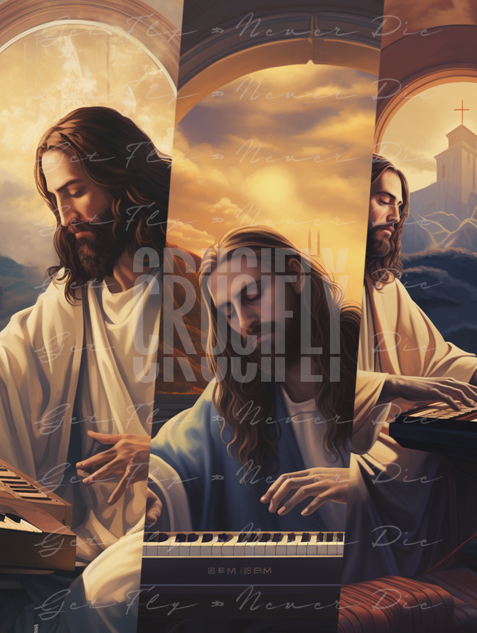 "Produced by Jesus" — Series / 3-Pack Bundled Kit | portrait images of Jesus Christ as a music producer, playing a keyboard synthesizer for Christian hip-hop and Gospel type beats | faith-based graphic wallpaper kit for iPhone 15 Pro Max, iPad Pro, MacBook Pro 16 inch desktop, square 1:1 aspect ratio, video thumbnail, social media header banner | Digital Assets on Crucifly by Real Dyl and Pastor Bot | Generated by AI (artificial intelligence) with Adobe Photoshop, Discord, Midjourney, ChatGPT, and Shopify