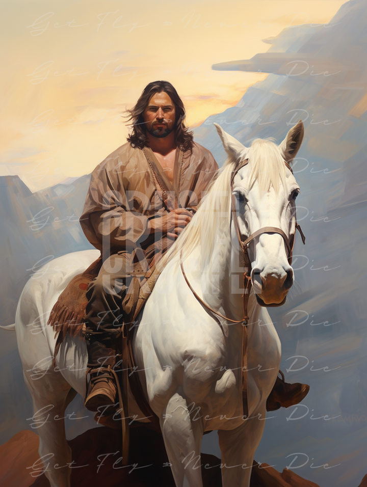 "Cowboy Jesus" — Series / Version #1 | oil painting, portrait image of Jesus Christ as a western cowboy, sitting on and riding a white horse in the mountains | romantic and faith-based NFT, graphic wallpaper kit for iPhone 15 Pro Max, iPad Pro, MacBook Pro 16 inch desktop, square 1:1 aspect ratio, video thumbnail, social media header banner | Digital Assets on Crucifly by Real Dyl and Pastor Bot | Generated by AI (artificial intelligence) with Adobe Photoshop, Discord, Midjourney, ChatGPT, and Shopify