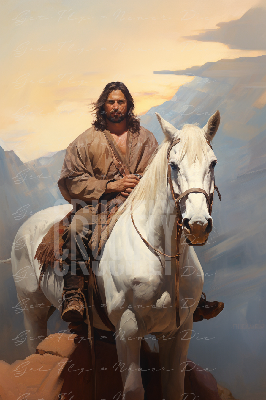 "Cowboy Jesus" — Series / Version #1 | oil painting, portrait image of Jesus Christ as a western cowboy, sitting on and riding a white horse in the mountains | romantic and faith-based NFT, graphic wallpaper kit for iPhone 15 Pro Max, iPad Pro, MacBook Pro 16 inch desktop, square 1:1 aspect ratio, video thumbnail, social media header banner | Digital Assets on Crucifly by Real Dyl and Pastor Bot | Generated by AI (artificial intelligence) with Adobe Photoshop, Discord, Midjourney, ChatGPT, and Shopify