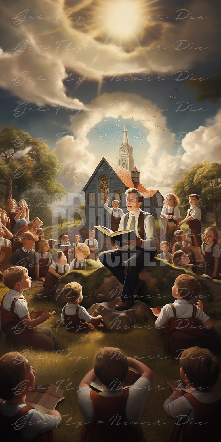 "Sunday School" — Series / Version #2 | portrait image of a young white caucasian man leading a classroom of children outside in the yard of a Christian church or private school  | faith-based graphic wallpaper kit for iPhone 15 Pro Max, iPad Pro, MacBook Pro 16 inch desktop, square 1:1 aspect ratio, video thumbnail, social media header banner | Digital Assets on Crucifly by Real Dyl and Pastor Bot | Generated by AI (artificial intelligence) with Adobe Photoshop, Discord, Midjourney, ChatGPT, and Shopify