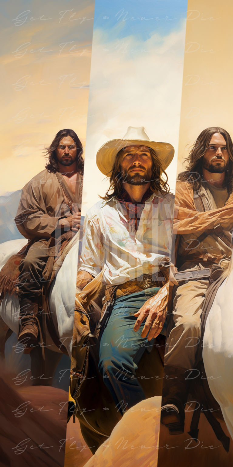 "Cowboy Jesus" — Series / 3-Pack Bundled Kit | portrait images of Jesus Christ as a cowboy, riding / sitting with a horse in the desert | faith-based NFTs, graphic wallpaper kit for iPhone 15 Pro Max, iPad Pro, MacBook Pro 16 inch desktop, square 1:1 aspect ratio, video thumbnail, social media header banner | Digital Assets on Crucifly by Real Dyl and Pastor Bot | Generated by AI (artificial intelligence) with Adobe Photoshop, Discord, Midjourney, ChatGPT, and Shopify