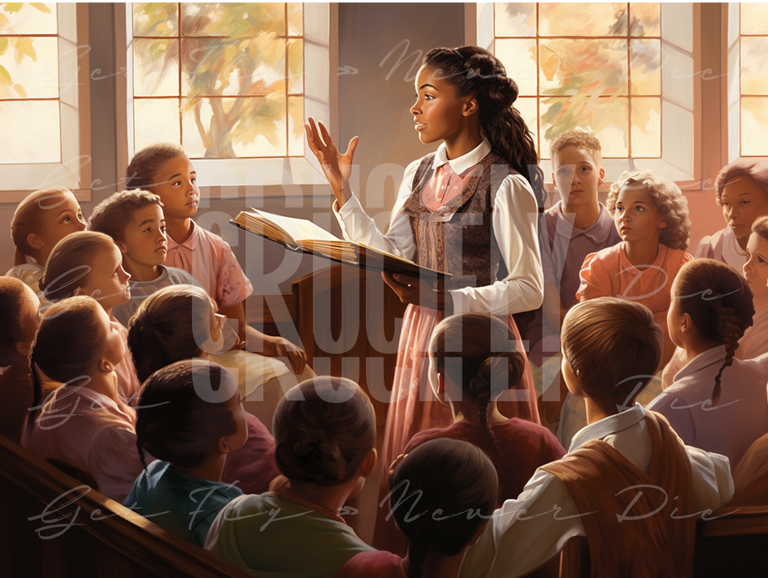 "Sunday School" — Series / Version #1 | cartoon portrait image of a young black lady leading a Sunday school classroom of children at a Christian church or private school  | faith-based NFT, graphic wallpaper kit for iPhone 15 Pro Max, iPad Pro, MacBook Pro 16 inch desktop, square 1:1 aspect ratio, video thumbnail, social media header banner | Digital Assets on Crucifly by Real Dyl and Pastor Bot | Generated by AI (artificial intelligence) with Adobe Photoshop, Discord, Midjourney, ChatGPT, and Shopify
