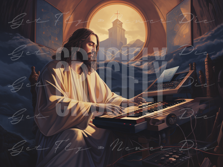 "Produced by Jesus" — Series / Version #3.1 | portrait image of Jesus Christ as a music producer, playing a keyboard synthesizer for Christian hip-hop and Gospel type beats | faith-based NFT, graphic wallpaper kit for iPhone 15 Pro Max, iPad Pro, MacBook Pro 16 inch desktop, square 1:1 aspect ratio, video thumbnail, social media header banner | Digital Assets on Crucifly by Real Dyl and Pastor Bot | Generated by AI (artificial intelligence) with Adobe Photoshop, Discord, Midjourney, ChatGPT, and Shopify