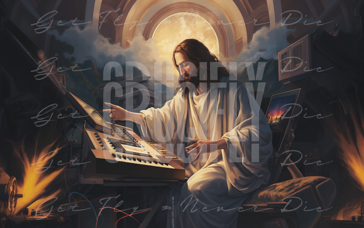 "Produced by Jesus" — Series / Version #1 | portrait image of Jesus Christ as a music producer, playing a keyboard synthesizer for Christian hip-hop and Gospel type beats | faith-based NFT, graphic wallpaper kit for iPhone 15 Pro Max, iPad Pro, MacBook Pro 16 inch desktop, square 1:1 aspect ratio, video thumbnail, social media header banner | Digital Assets on Crucifly by Real Dyl and Pastor Bot | Generated by AI (artificial intelligence) with Adobe Photoshop, Discord, Midjourney, ChatGPT, and Shopify