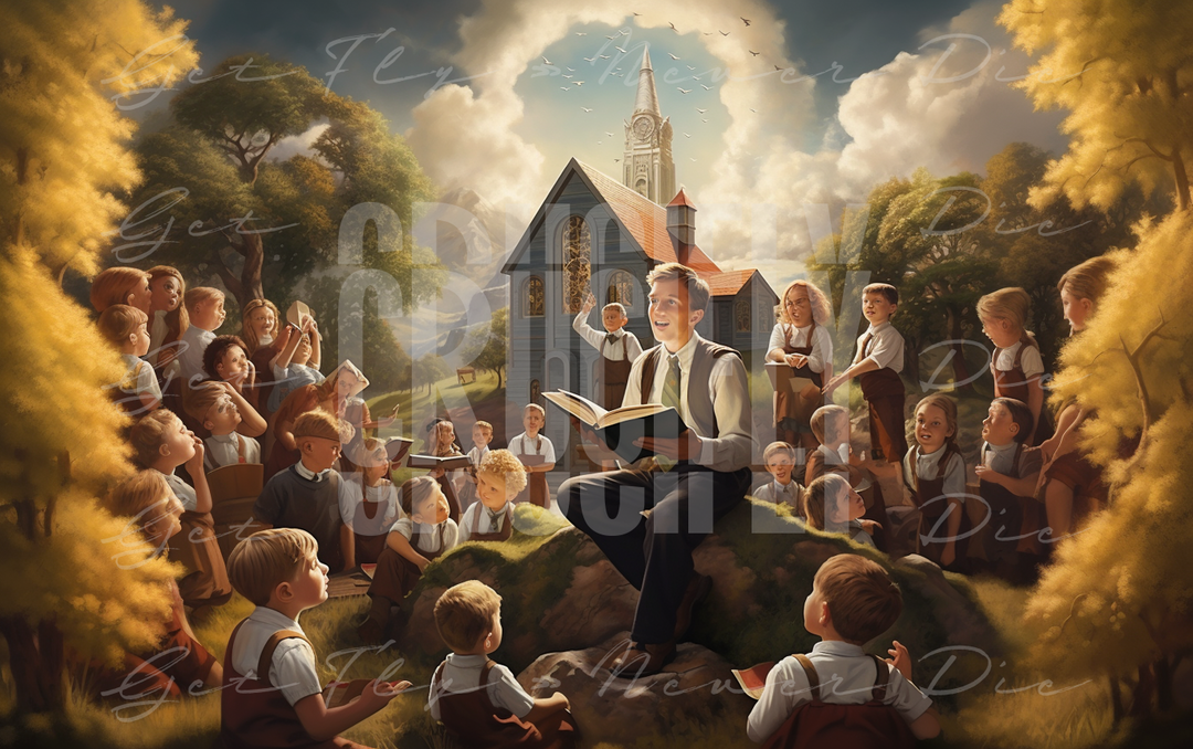 "Sunday School" — Series / Version #2 | portrait image of a young white caucasian man leading a classroom of children outside in the yard of a Christian church or private school  | faith-based graphic wallpaper kit for iPhone 15 Pro Max, iPad Pro, MacBook Pro 16 inch desktop, square 1:1 aspect ratio, video thumbnail, social media header banner | Digital Assets on Crucifly by Real Dyl and Pastor Bot | Generated by AI (artificial intelligence) with Adobe Photoshop, Discord, Midjourney, ChatGPT, and Shopify