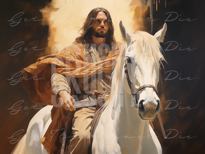 "Cowboy Jesus" — Series / Version #3 | original painting, portrait image of Jesus Christ as a heroic cowboy, riding on a white horse, abstract background | romantic and faith-based NFT, graphic wallpaper kit for iPhone 15 Pro Max, iPad Pro, MacBook Pro 16 inch desktop, square 1:1 aspect ratio, video thumbnail, social media header banner | Digital Assets on Crucifly by Real Dyl and Pastor Bot | Generated by AI (artificial intelligence) with Adobe Photoshop, Discord, Midjourney, ChatGPT, and Shopify