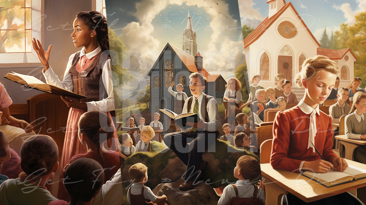 "Sunday School" — Series / 3-Pack Bundled Kit | cartoon portrait images of kids in Sunday School, listening and taking notes in a classroom of a Christian church, school, or daycare | faith-based graphic wallpaper kit for iPhone 15 Pro Max, iPad Pro, MacBook Pro 16 inch desktop, square 1:1 aspect ratio, video thumbnail, social media header banner | Digital Assets on Crucifly by Real Dyl and Pastor Bot | Generated by AI (artificial intelligence) with Adobe Photoshop, Discord, Midjourney, ChatGPT, and Shopify