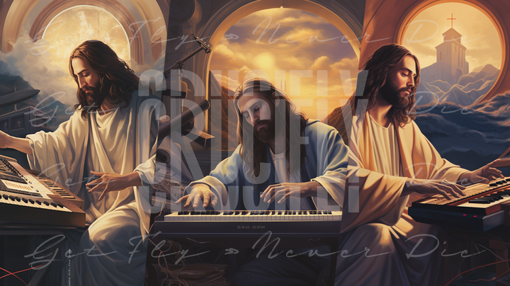 "Produced by Jesus" — Series / 3-Pack Bundled Kit | portrait images of Jesus Christ as a music producer, playing a keyboard synthesizer for Christian hip-hop and Gospel type beats | faith-based graphic wallpaper kit for iPhone 15 Pro Max, iPad Pro, MacBook Pro 16 inch desktop, square 1:1 aspect ratio, video thumbnail, social media header banner | Digital Assets on Crucifly by Real Dyl and Pastor Bot | Generated by AI (artificial intelligence) with Adobe Photoshop, Discord, Midjourney, ChatGPT, and Shopify