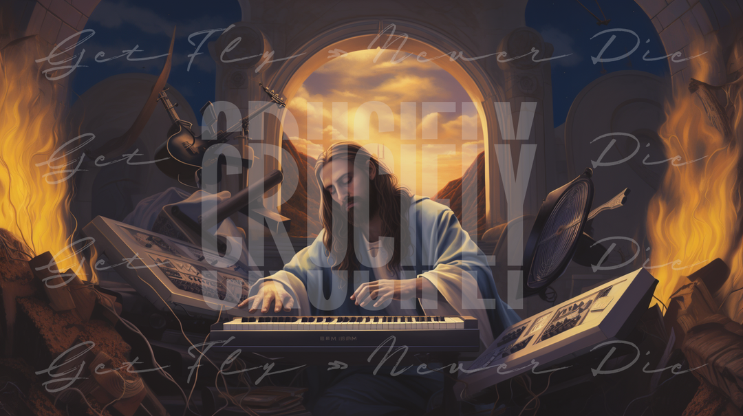 "Produced by Jesus" — Series / Version #2 | portrait image of Jesus Christ as a music producer, playing a keyboard synthesizer for Christian hip-hop and Gospel type beats | faith-based NFT, graphic wallpaper kit for iPhone 15 Pro Max, iPad Pro, MacBook Pro 16 inch desktop, square 1:1 aspect ratio, video thumbnail, social media header banner | Digital Assets on Crucifly by Real Dyl and Pastor Bot | Generated by AI (artificial intelligence) with Adobe Photoshop, Discord, Midjourney, ChatGPT, and Shopify