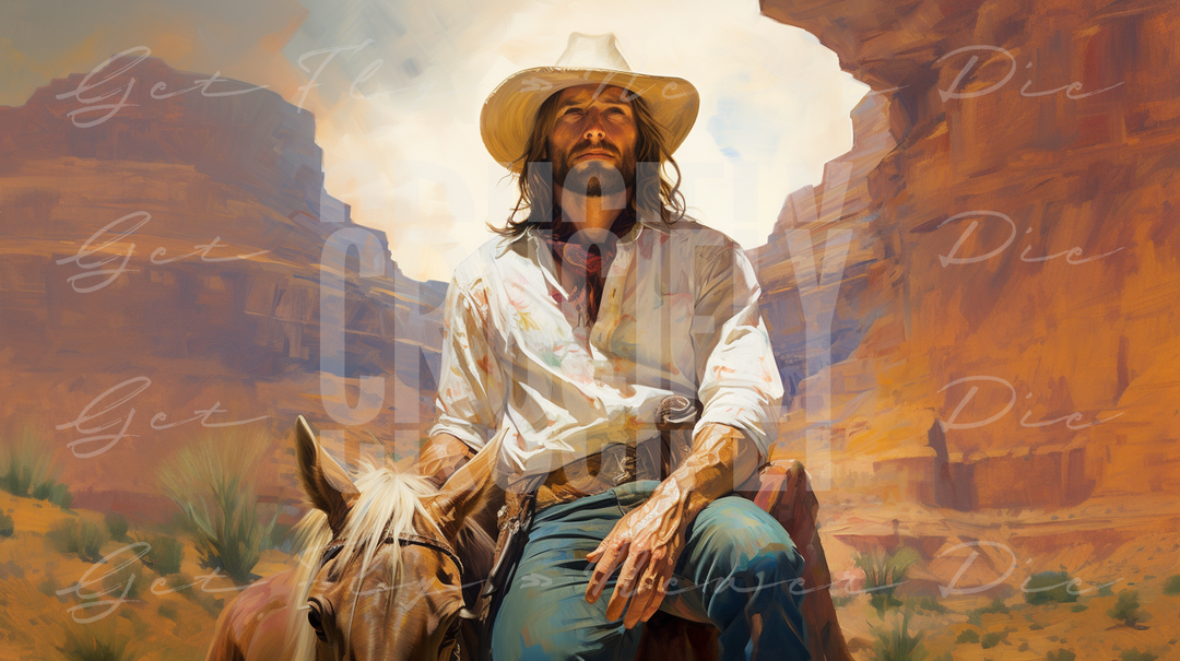 "Cowboy Jesus" — Series / Version #2 | canvas painting, portrait image of Jesus Christ as a western cowboy, sitting next to a brown horse in the desert | romantic and faith-based NFT, graphic wallpaper kit for iPhone 15 Pro Max, iPad Pro, MacBook Pro 16 inch desktop, square 1:1 aspect ratio, video thumbnail, social media header banner | Digital Assets on Crucifly by Real Dyl and Pastor Bot | Generated by AI (artificial intelligence) with Adobe Photoshop, Discord, Midjourney, ChatGPT, and Shopify
