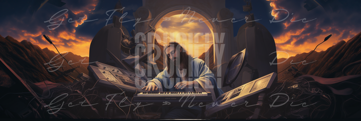 "Produced by Jesus" — Series / Version #2 | portrait image of Jesus Christ as a music producer, playing a keyboard synthesizer for Christian hip-hop and Gospel type beats | faith-based NFT, graphic wallpaper kit for iPhone 15 Pro Max, iPad Pro, MacBook Pro 16 inch desktop, square 1:1 aspect ratio, video thumbnail, social media header banner | Digital Assets on Crucifly by Real Dyl and Pastor Bot | Generated by AI (artificial intelligence) with Adobe Photoshop, Discord, Midjourney, ChatGPT, and Shopify