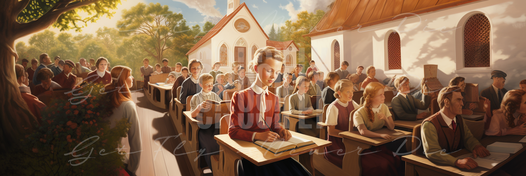 "Sunday School" — Series / Version #3 | portrait image of a young white caucasian schoolgirl taking notes in an outside classroom of a Christian church or private school  | faith-based NFT, graphic wallpaper kit for iPhone 15 Pro Max, iPad Pro, MacBook Pro 16 inch desktop, square 1:1 aspect ratio, video thumbnail, social media header banner | Digital Assets on Crucifly by Real Dyl and Pastor Bot | Generated by AI (artificial intelligence) with Adobe Photoshop, Discord, Midjourney, ChatGPT, and Shopify
