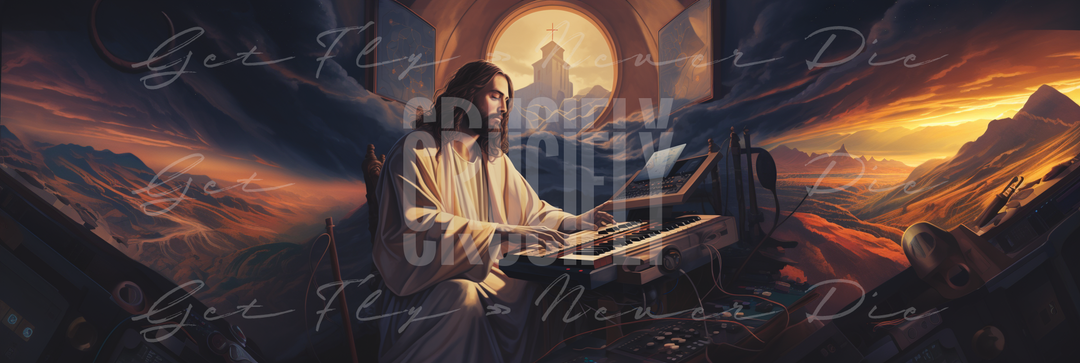 "Produced by Jesus" — Series / Version #3.1 | portrait image of Jesus Christ as a music producer, playing a keyboard synthesizer for Christian hip-hop and Gospel type beats | faith-based NFT, graphic wallpaper kit for iPhone 15 Pro Max, iPad Pro, MacBook Pro 16 inch desktop, square 1:1 aspect ratio, video thumbnail, social media header banner | Digital Assets on Crucifly by Real Dyl and Pastor Bot | Generated by AI (artificial intelligence) with Adobe Photoshop, Discord, Midjourney, ChatGPT, and Shopify