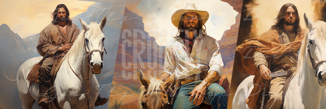 "Cowboy Jesus" — Series / 3-Pack Bundled Kit | portrait images of Jesus Christ as a cowboy, riding / sitting with a horse in the desert | faith-based NFTs, graphic wallpaper kit for iPhone 15 Pro Max, iPad Pro, MacBook Pro 16 inch desktop, square 1:1 aspect ratio, video thumbnail, social media header banner | Digital Assets on Crucifly by Real Dyl and Pastor Bot | Generated by AI (artificial intelligence) with Adobe Photoshop, Discord, Midjourney, ChatGPT, and Shopify