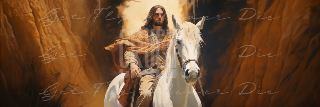 "Cowboy Jesus" — Series / Version #3 | original painting, portrait image of Jesus Christ as a heroic cowboy, riding on a white horse, abstract background | romantic and faith-based NFT, graphic wallpaper kit for iPhone 15 Pro Max, iPad Pro, MacBook Pro 16 inch desktop, square 1:1 aspect ratio, video thumbnail, social media header banner | Digital Assets on Crucifly by Real Dyl and Pastor Bot | Generated by AI (artificial intelligence) with Adobe Photoshop, Discord, Midjourney, ChatGPT, and Shopify