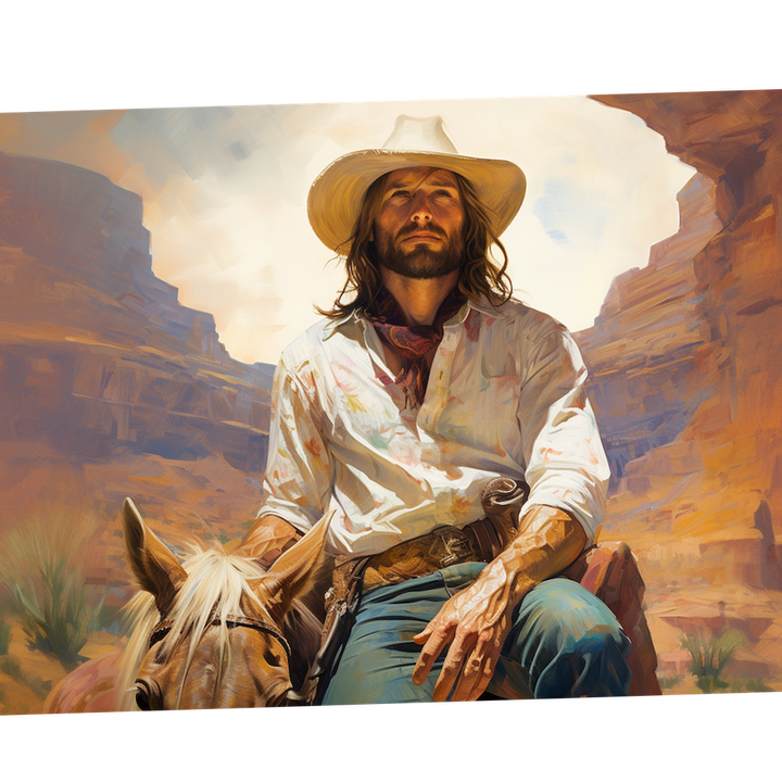 "Cowboy Jesus" — Series / Version #2 | canvas painting, portrait image of Jesus Christ as a western cowboy, sitting next to a brown horse in the desert | romantic and faith-based NFT, graphic wallpaper kit for iPhone 15 Pro Max, iPad Pro, MacBook Pro 16 inch desktop, square 1:1 aspect ratio, video thumbnail, social media header banner | Digital Assets on Crucifly by Real Dyl and Pastor Bot | Generated by AI (artificial intelligence) with Adobe Photoshop, Discord, Midjourney, ChatGPT, and Shopify