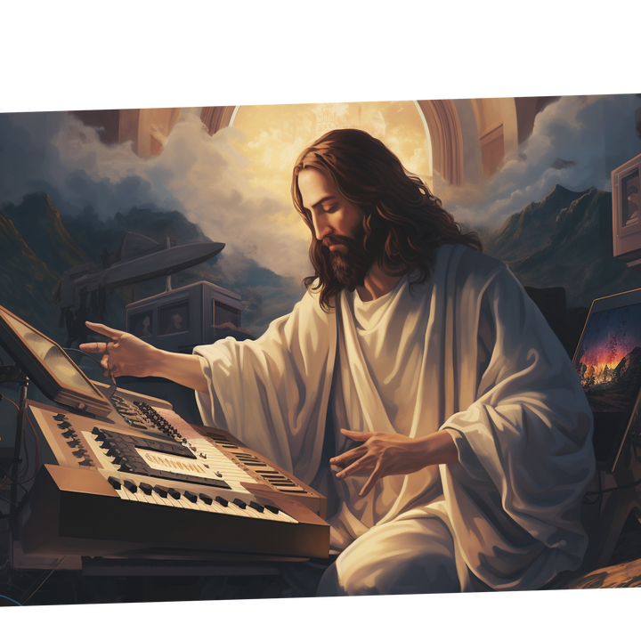 "Produced by Jesus" — Series / Version #1 | portrait image of Jesus Christ as a music producer, playing a keyboard synthesizer for Christian hip-hop and Gospel type beats | faith-based NFT, graphic wallpaper kit for iPhone 15 Pro Max, iPad Pro, MacBook Pro 16 inch desktop, square 1:1 aspect ratio, video thumbnail, social media header banner | Digital Assets on Crucifly by Real Dyl and Pastor Bot | Generated by AI (artificial intelligence) with Adobe Photoshop, Discord, Midjourney, ChatGPT, and Shopify